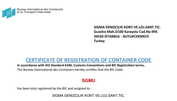 BIC certificate of registration of container code SGMU, certificate no. SGMU-1826