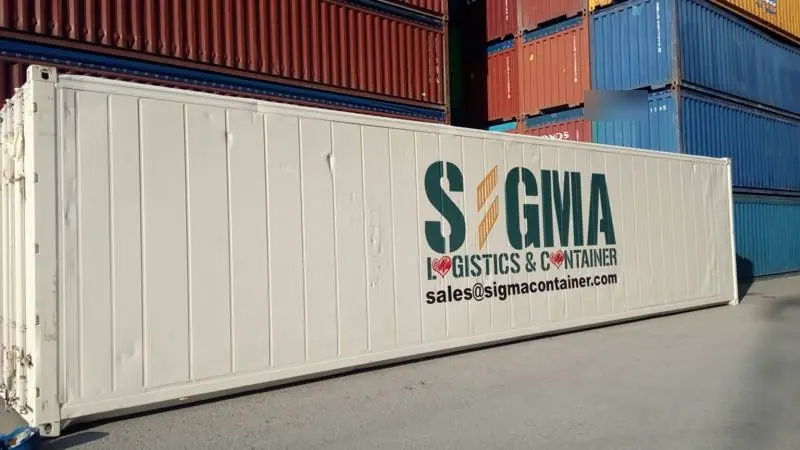 White 40 foot reefer container with Sigma Logistics and Container branding