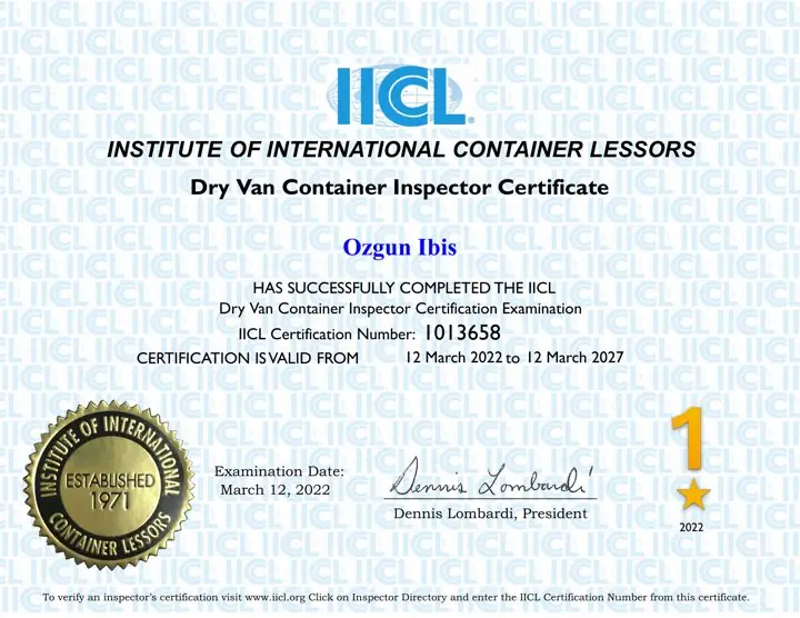 IICL Dry Van Container Inspector Certificate, valid 2022–2027
